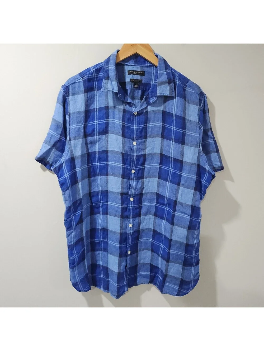 Banana Republic Camden Fit 100% Linen Plaid Button Down Shirt Preppy Summer Work